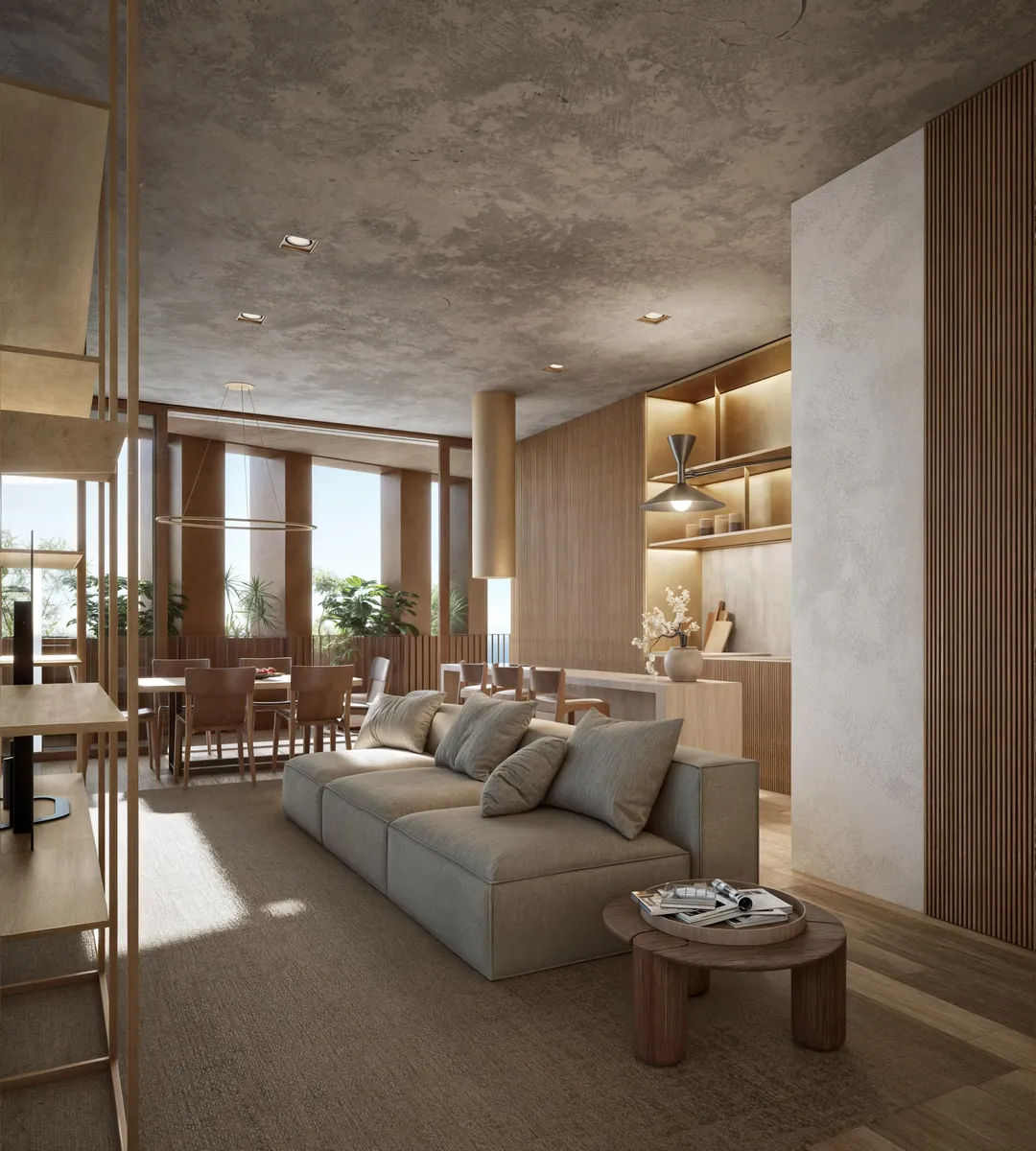 Sala de estar e jantar Auris Residenze com varanda integrada